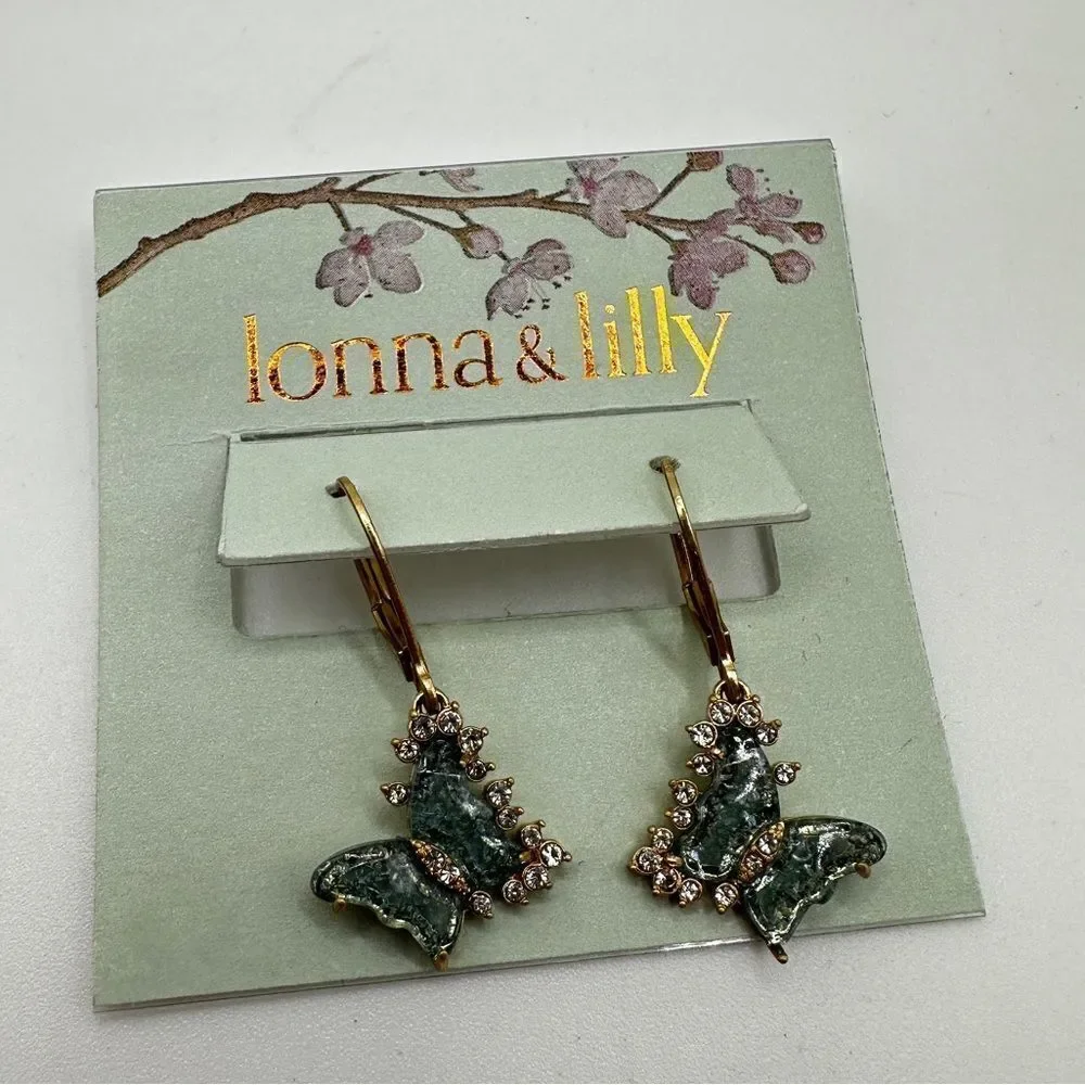 NWT lonna & lilly butterfly and rhinestones in gold tone dangle earrings!‎